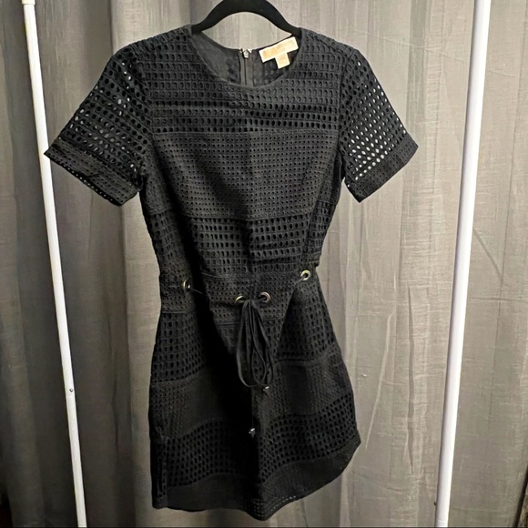 Michael Kors Eyelet Cotton Drawstring Panel Dress - Black - Picture 3 of 5